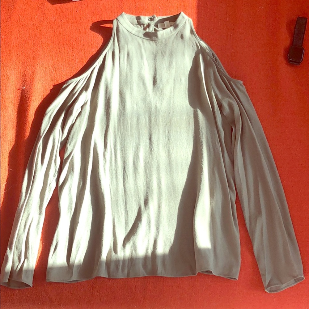 Olive green blouse. Cut out shoulders long sleeve.